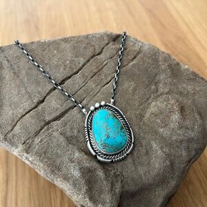 Navajo Kingman Turquoise Necklace Pendant Sterling Silver by Brandon Etcitty